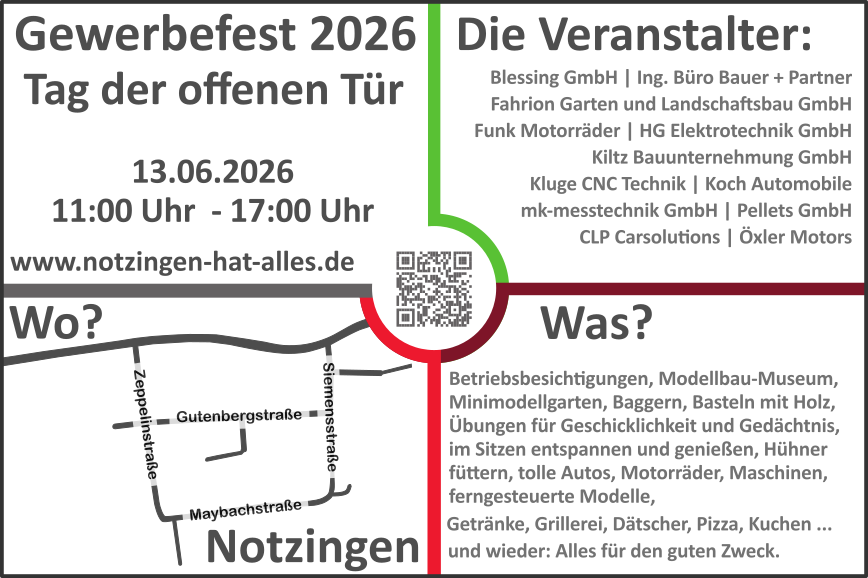 Gewerbefest in Notzingen Samstag, den 13. Juni 2026 von 11:00 Uhr bis 17:00 Uhr